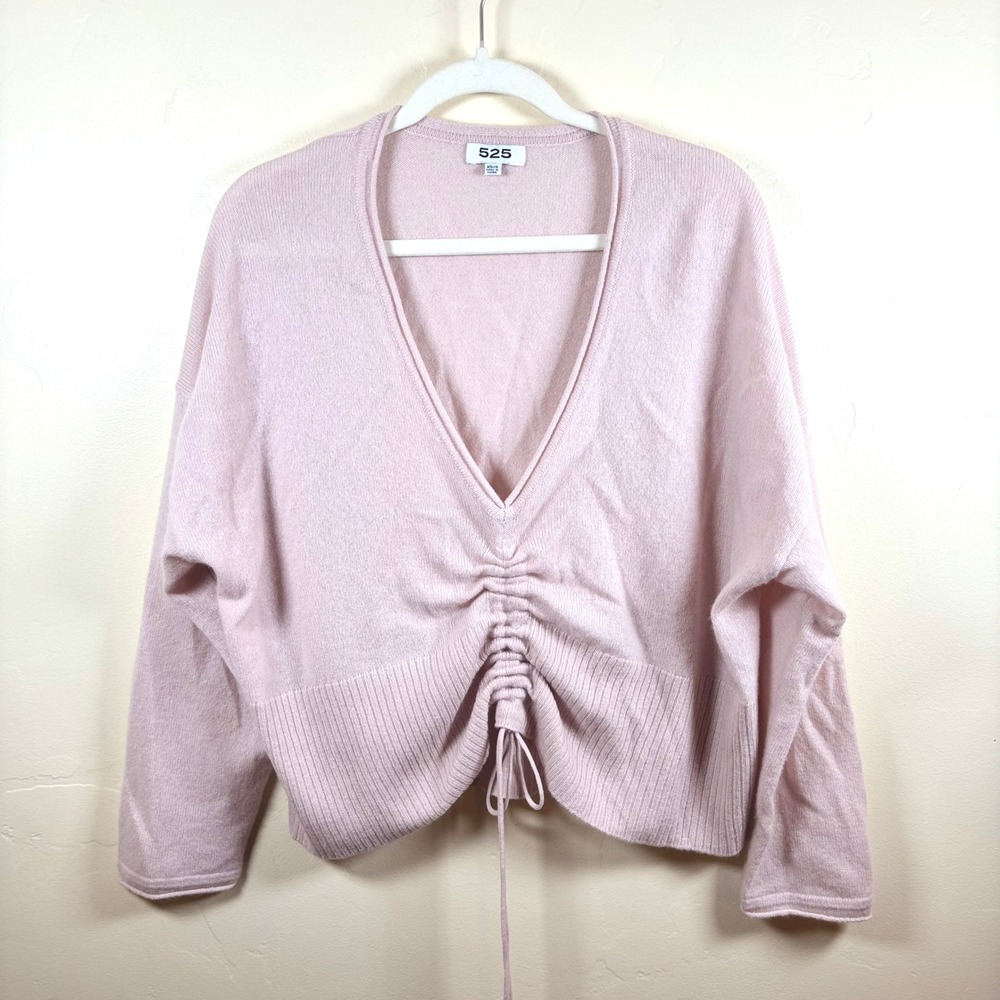 525 America Ruched Front Pullover 100% Cashmere Sweater Sz XS/S‎ Rose Pink Soft